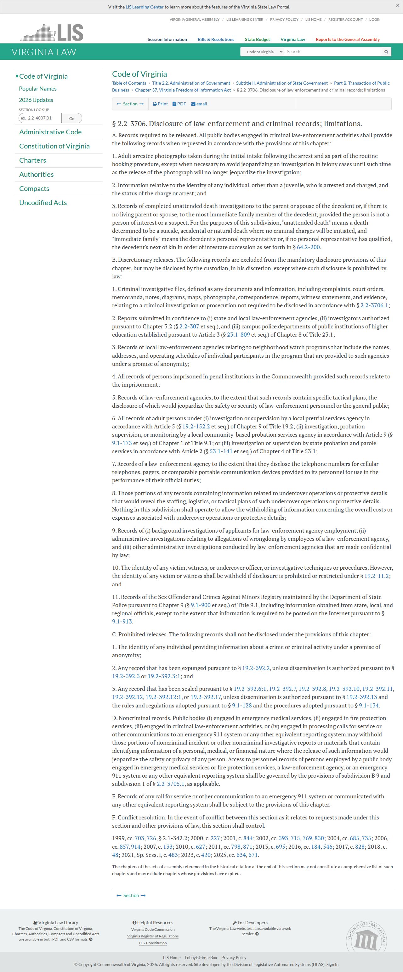 Virginia Code section covering adult routine booking photographs