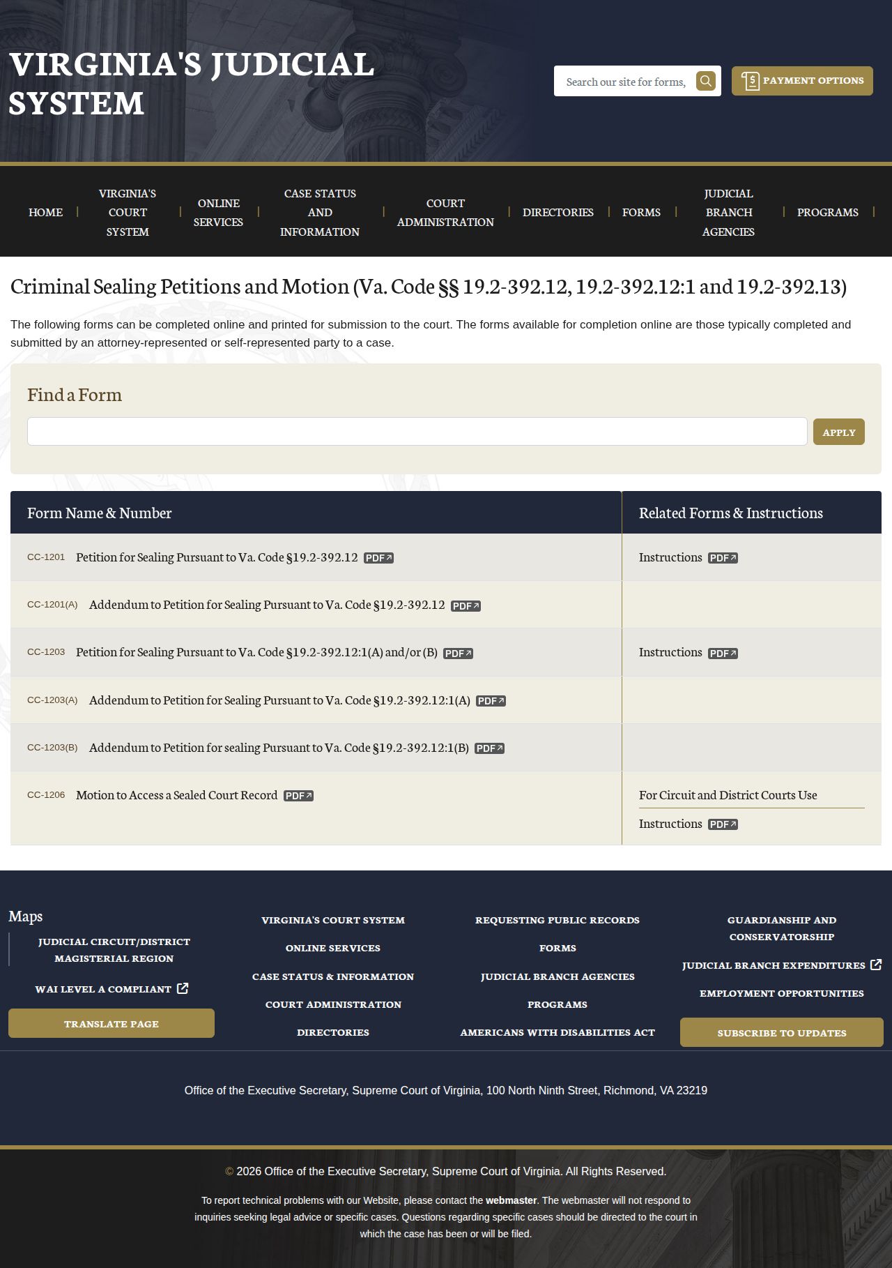 Virginia courts criminal sealing forms page for Goochland County record-correction research