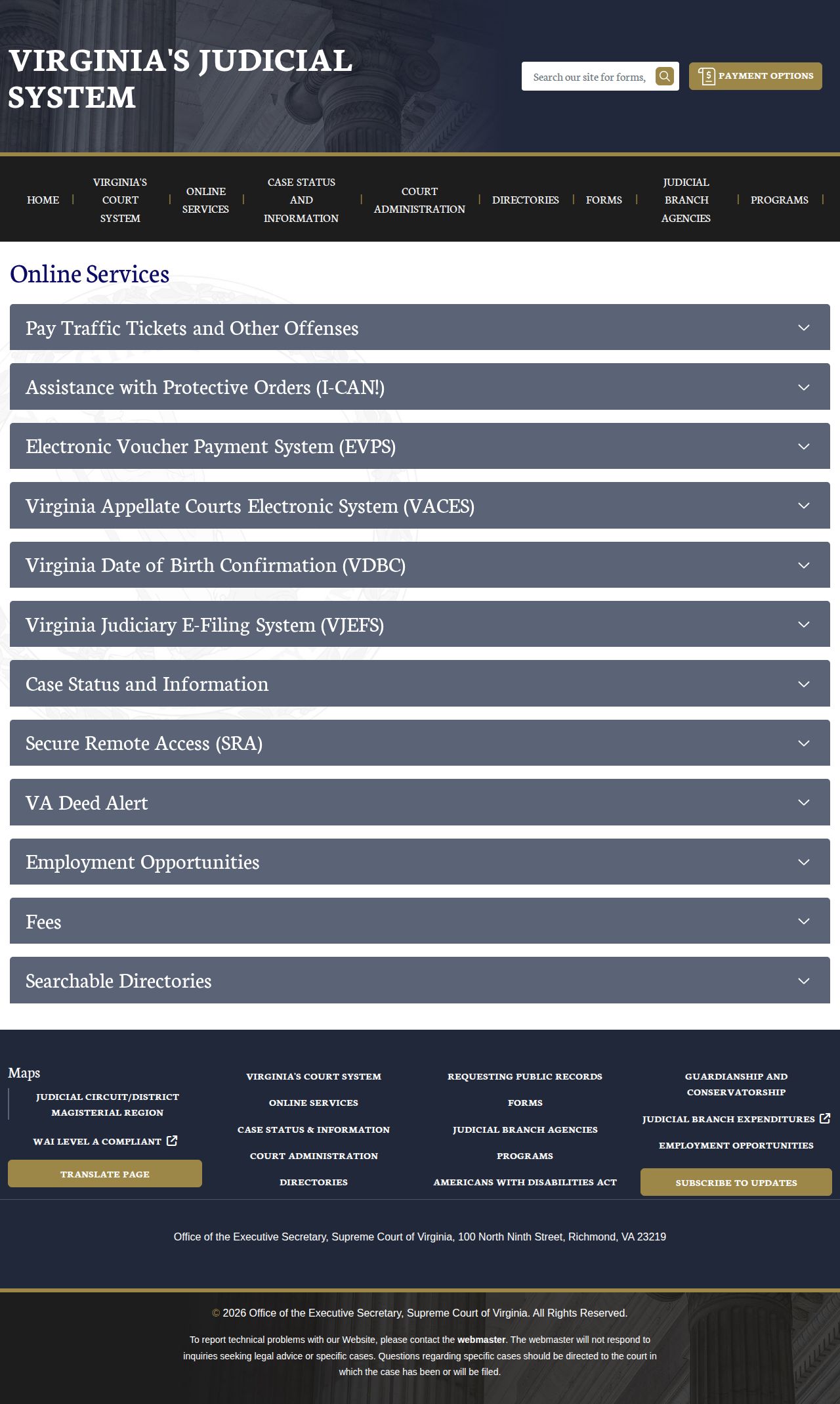Virginia Judiciary online case information services page