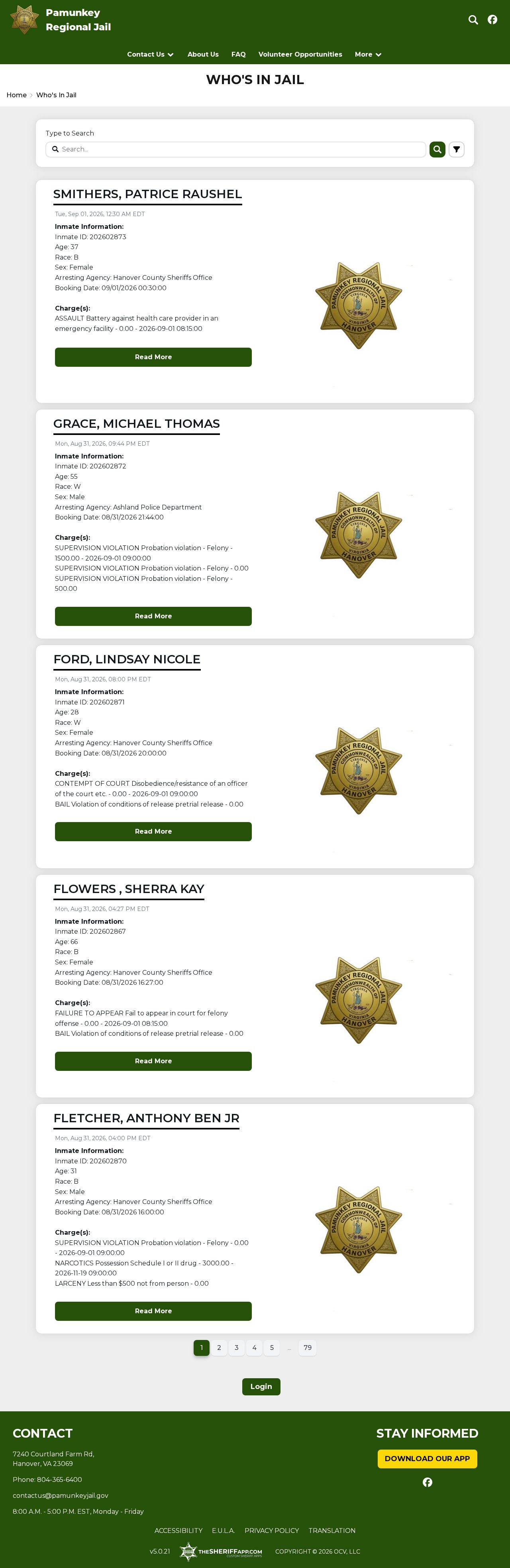 Pamunkey Regional Jail official Who’s In Jail roster search page