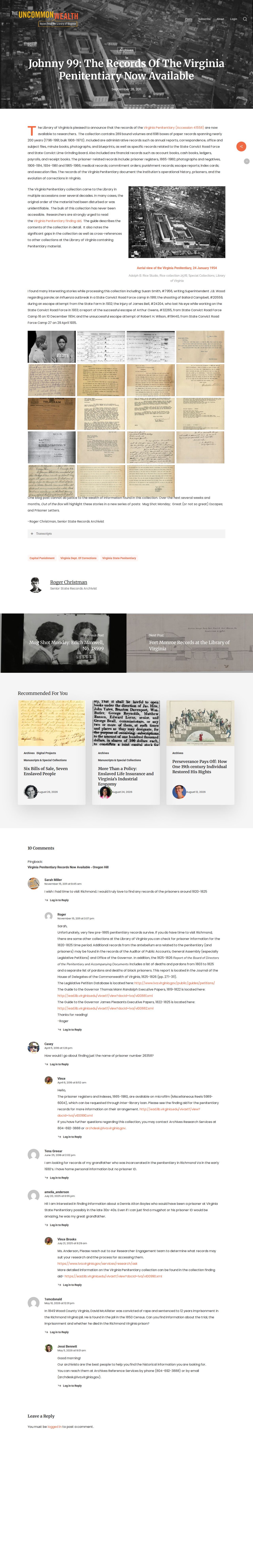 Library of Virginia historical penitentiary records resource distinct from modern Goochland County booking records