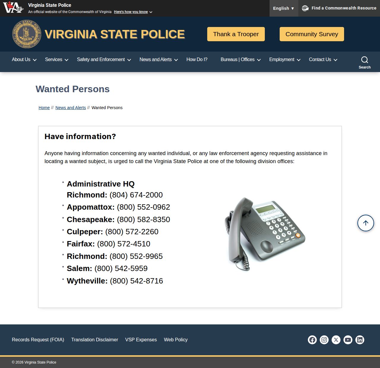 Virginia State Police wanted-persons page with limited scope for Goochland County warrant checks