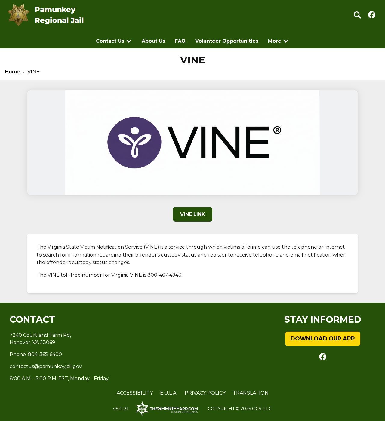 Pamunkey Regional Jail Virginia State VINE notification page for Goochland County custody-status alerts